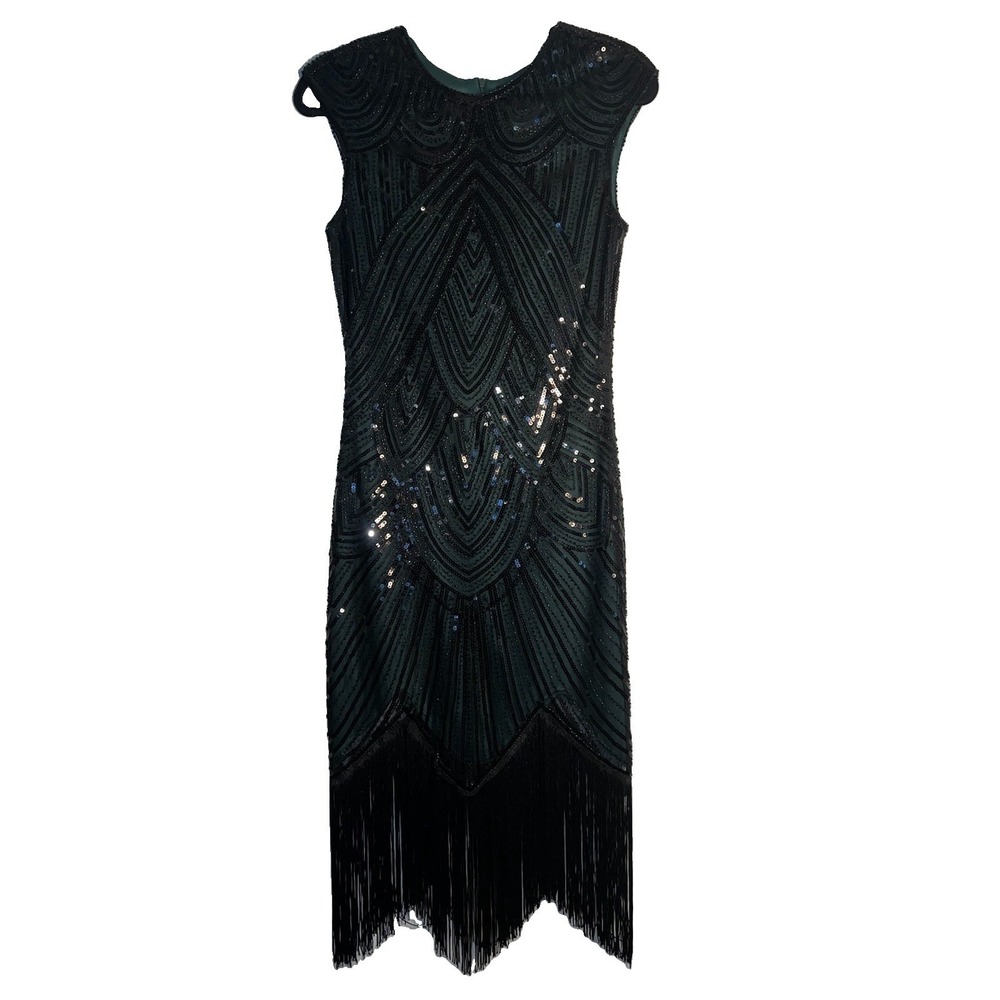 FUNDAISY Emerald & Black Beaded Sequin Fringe Flapper Gatsby Dress Small 1920s